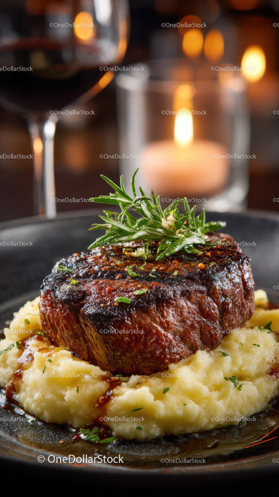 Gourmet Beef Steak with Mashed Potatoes and Rosemary Garnish (24 Images)