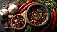 Spicy Asian Beef Stew with Rice and Fresh Herbs in a Black Stone Bowl