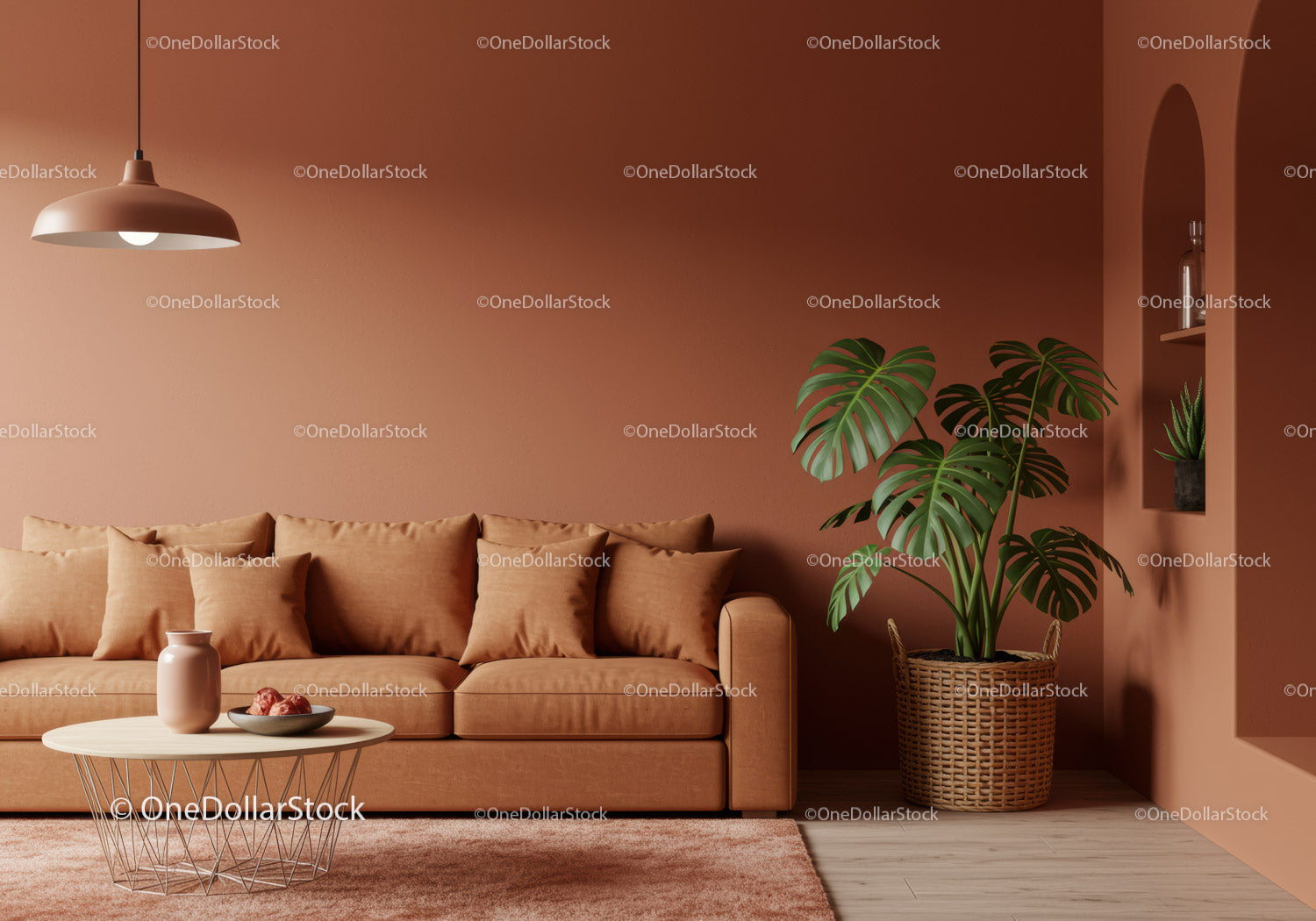 Stylowy salon z różową ścianą i dużą rośliną Monstera