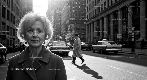 Elegant Elderly Woman Walking Through City Street in Black and White