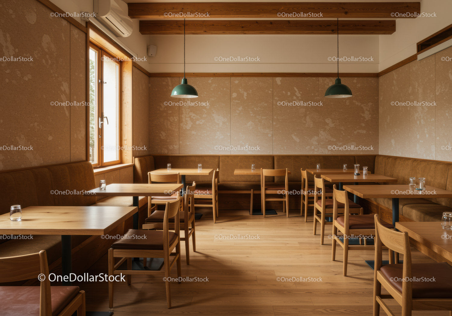 Modern Cozy Restaurant Interior with Wooden Furniture and Warm Lighting