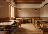 Modern Cozy Restaurant Interior with Wooden Furniture and Warm Lighting