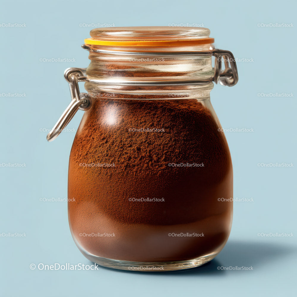 Glass jar containing rich brown coffee grounds with textured surface