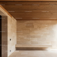 Modern Minimalist Interior with Beige Stone Walls and Wooden Ceiling