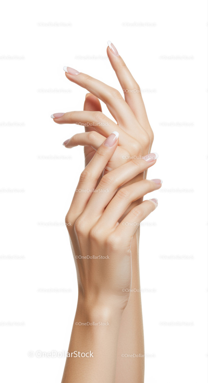 Delicate female hands with French manicure on white