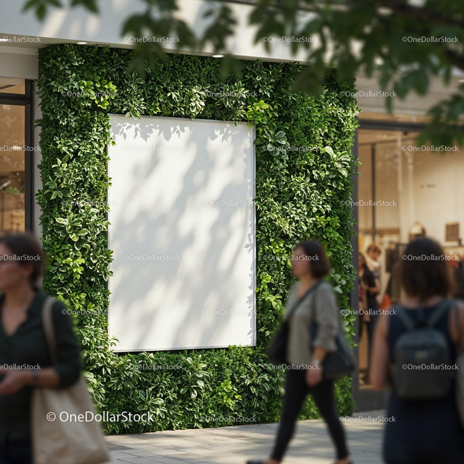 Urban greenery framing blank advertisement panel in shopping area