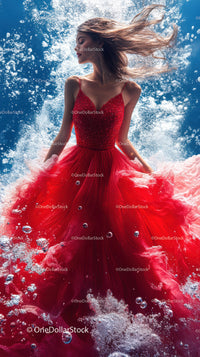 Elegant Woman in Red Evening Gown Swimming Underwater