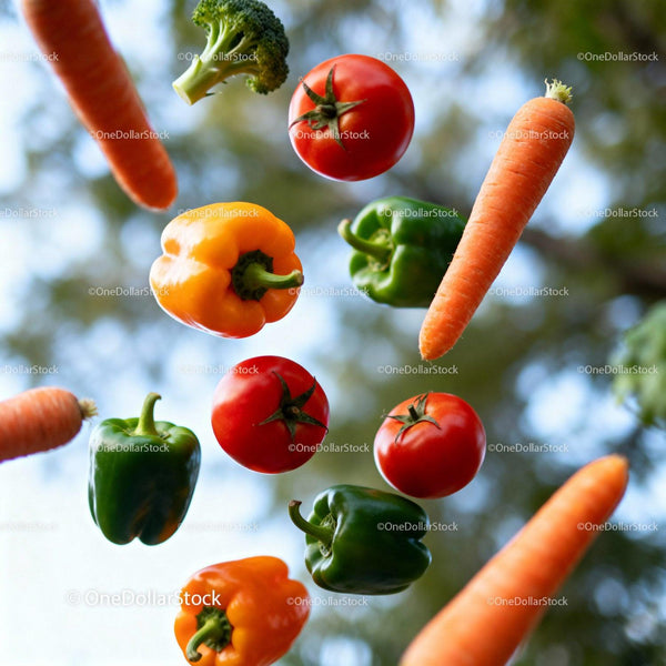Fresh colorful vegetables floating against blue sky