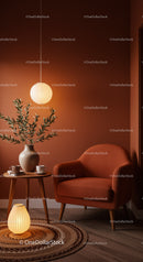 Cozy corner with terracotta armchair and warm lighting