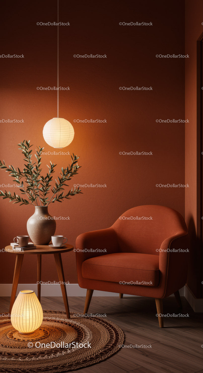 Cozy corner with terracotta armchair and warm lighting
