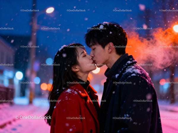 Couple Sharing a Tender Kiss in Snowy Evening Lights
