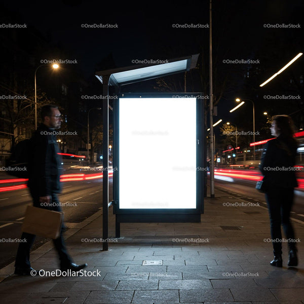 Illuminated urban bus stop billboard at night with pedestrians JPG Mockup Image