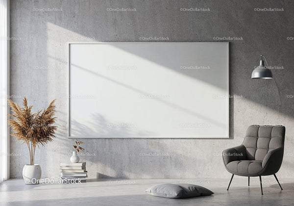 Minimalist living room with gray armchair and wall art JPG Mockup Image