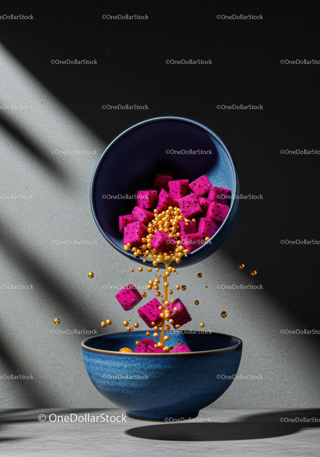 Levitation of Dragon Fruit Cubes with Golden Spheres Pouring