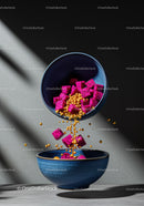 Levitation of Dragon Fruit Cubes with Golden Spheres Pouring