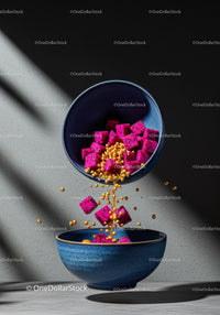 Levitation of Dragon Fruit Cubes with Golden Spheres Pouring