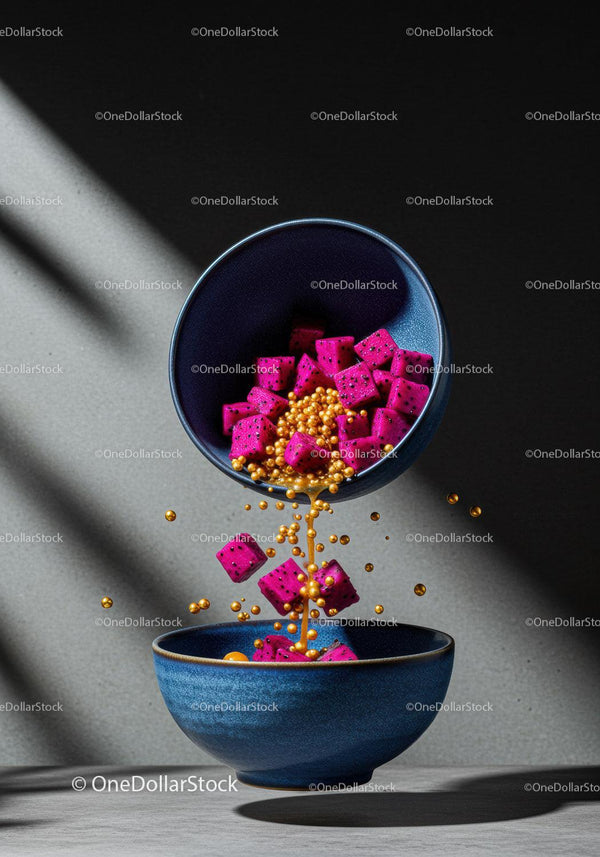 Levitation of Dragon Fruit Cubes with Golden Spheres Pouring