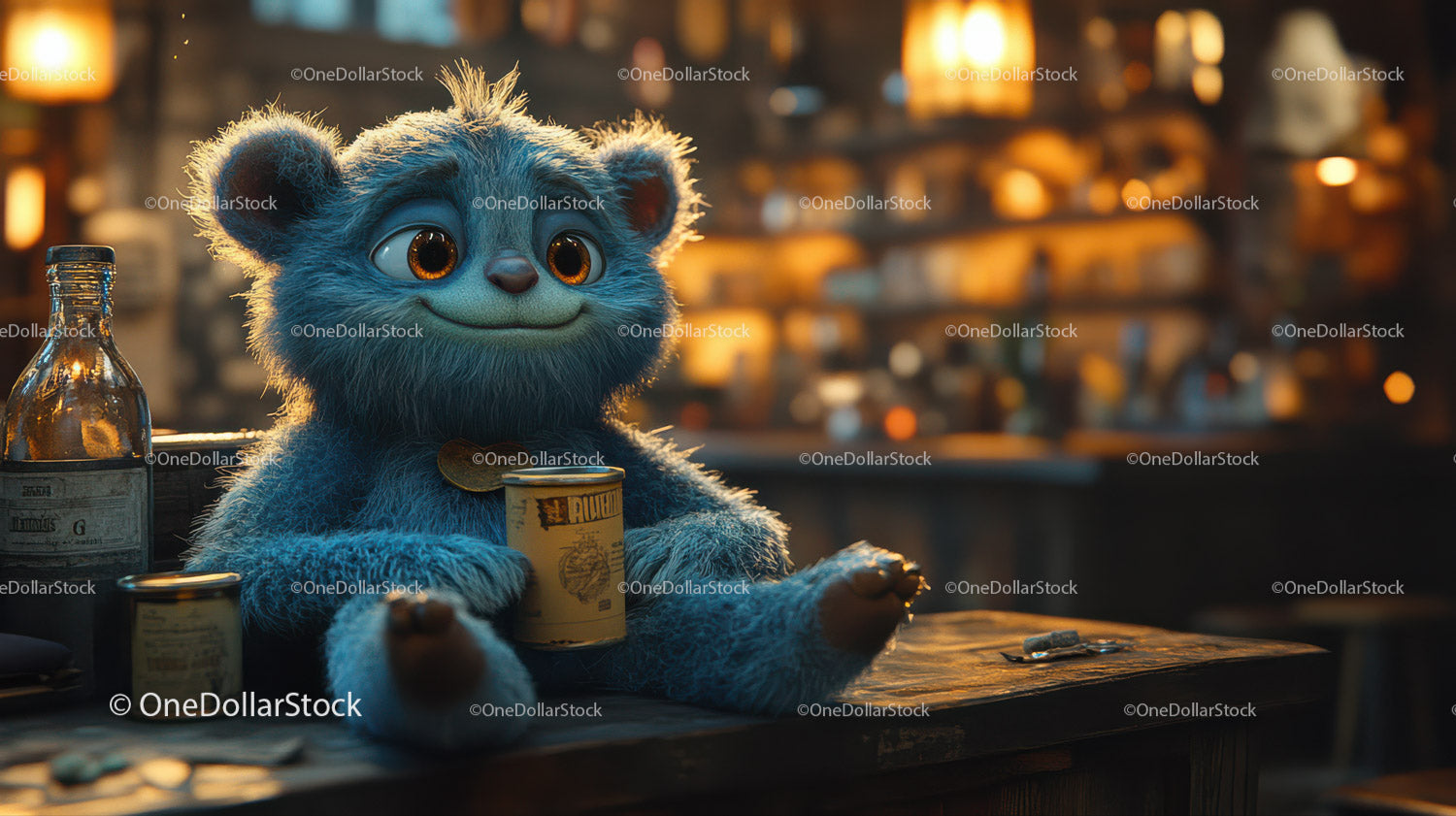 Cute Blue Furry Creature Sitting at Cozy Cafe Table with Warm Lighting