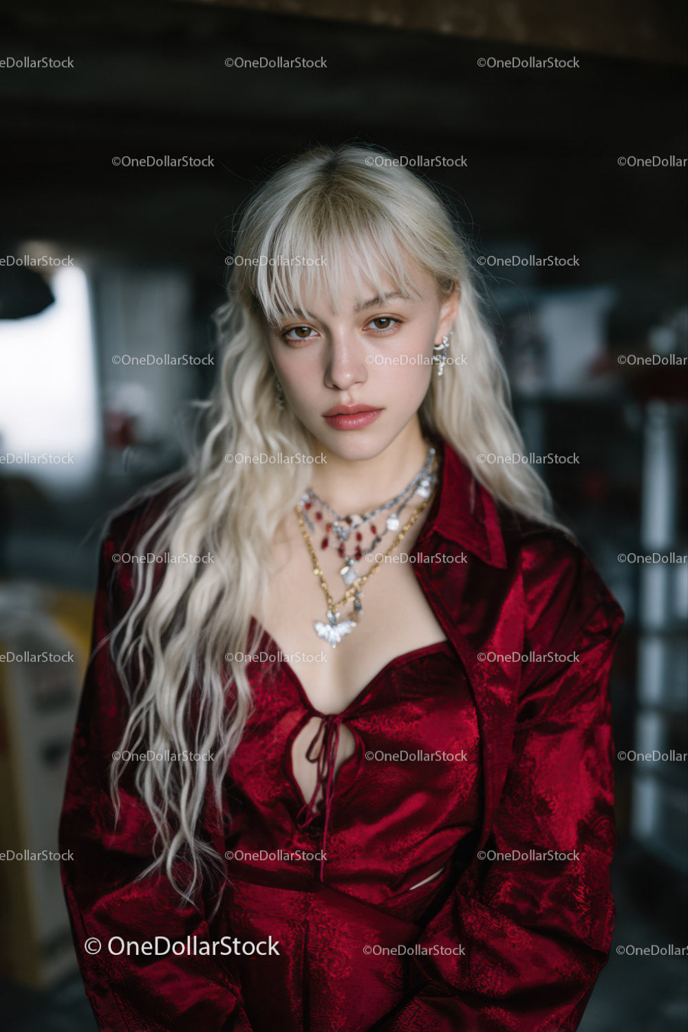 Stylish Young Woman in Red Satin Blouse and Jewelry Photo