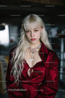 Stylish Young Woman in Red Satin Blouse and Jewelry Photo