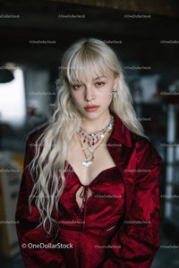 Stylish Young Woman in Red Satin Blouse and Jewelry Photo