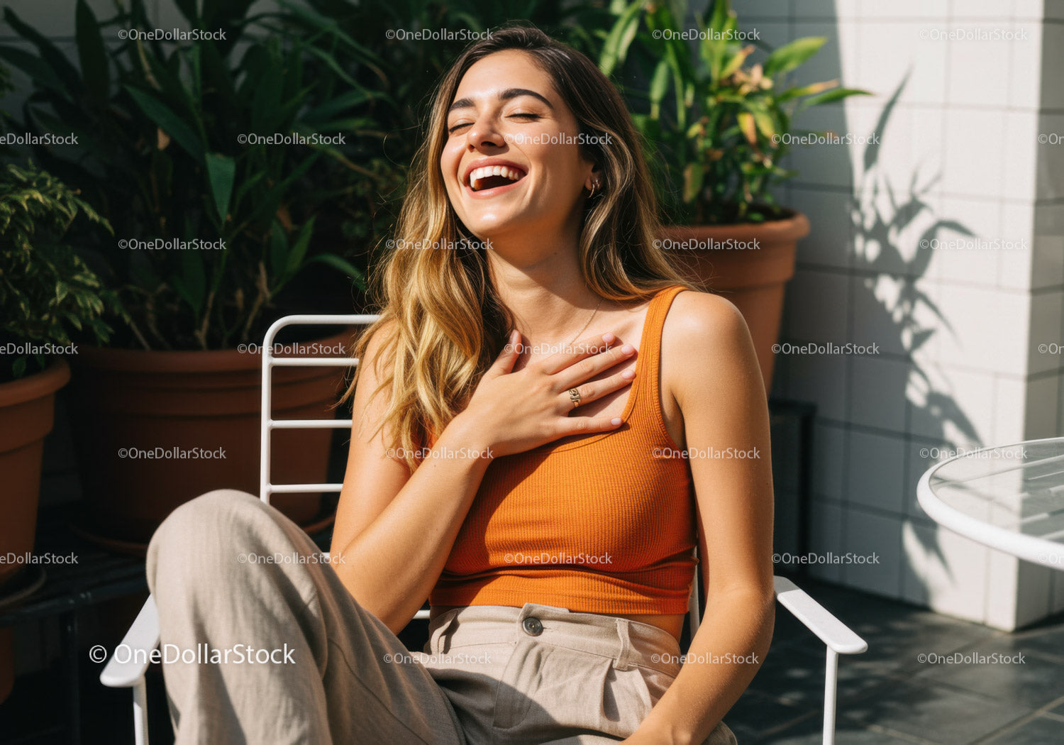 Joyful Woman Laughing Outdoors in Casual Summer Outfit