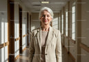 Elegant Senior Woman Walking Through Bright Office Corridor