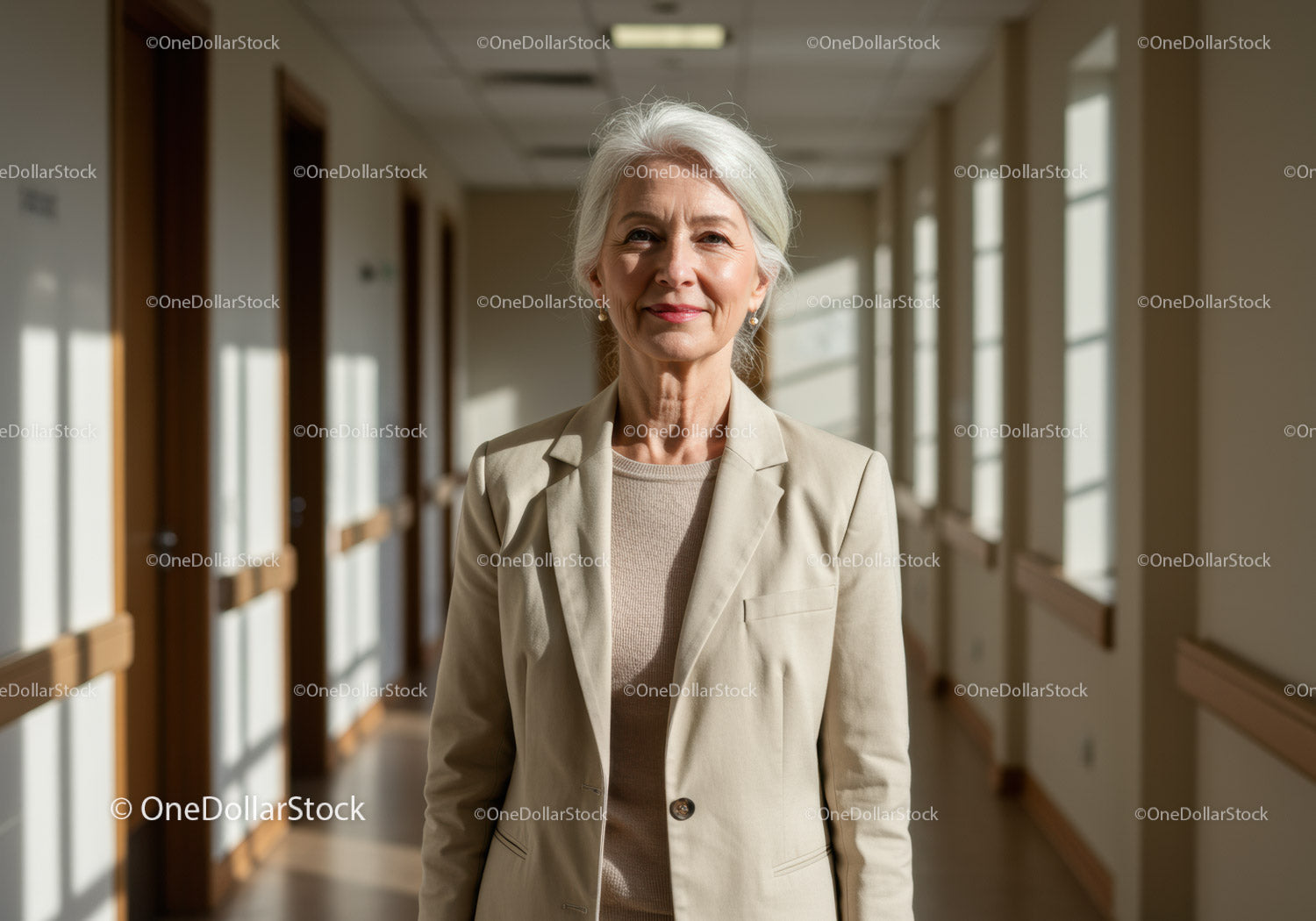 Elegant Senior Woman Walking Through Bright Office Corridor