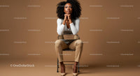 Confident Woman Sitting on Chair in Fashionable Outfit