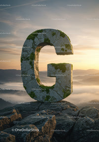 Moss Covered Stone Letter G on Mountain Peak at Sunrise