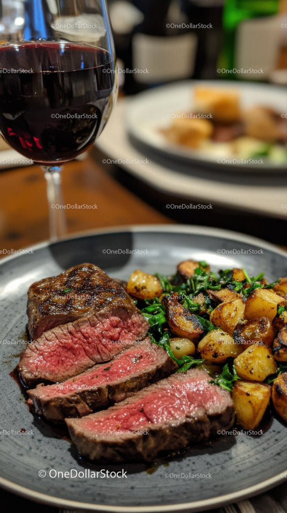 Juicy Steak with Roasted Potatoes and Glass of Red Wine in Fine Dining