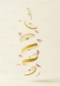 Floating slices of ripe pear with soft pink petals