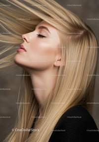 Blonde woman with sleek hair and closed eyes in profile