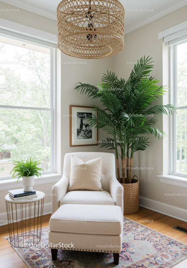 Bright Cozy Living Space with Large Houseplant and Natural Light