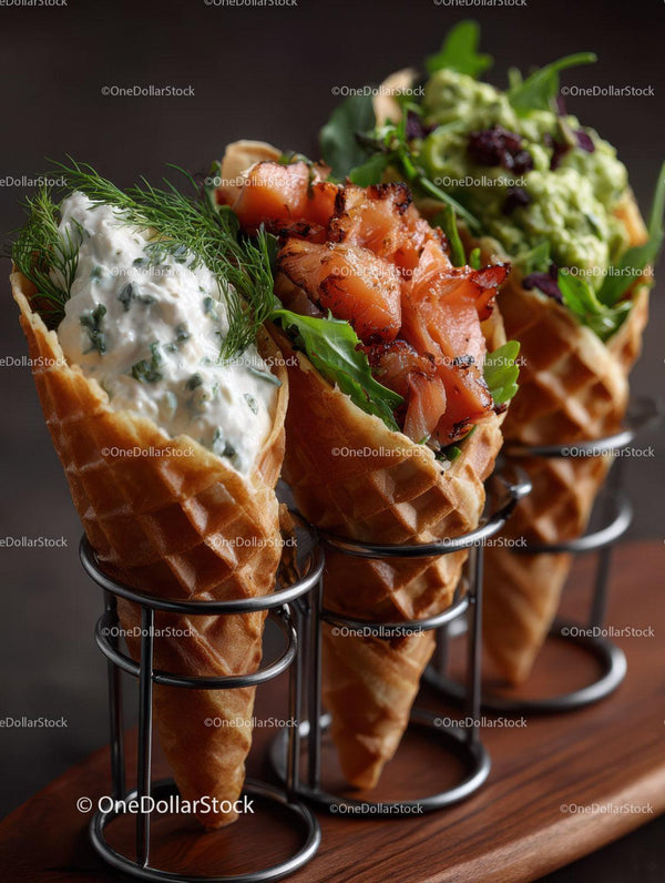 Assorted Waffle Cones Filled with Smoked Salmon, Fresh Herbs and Greens