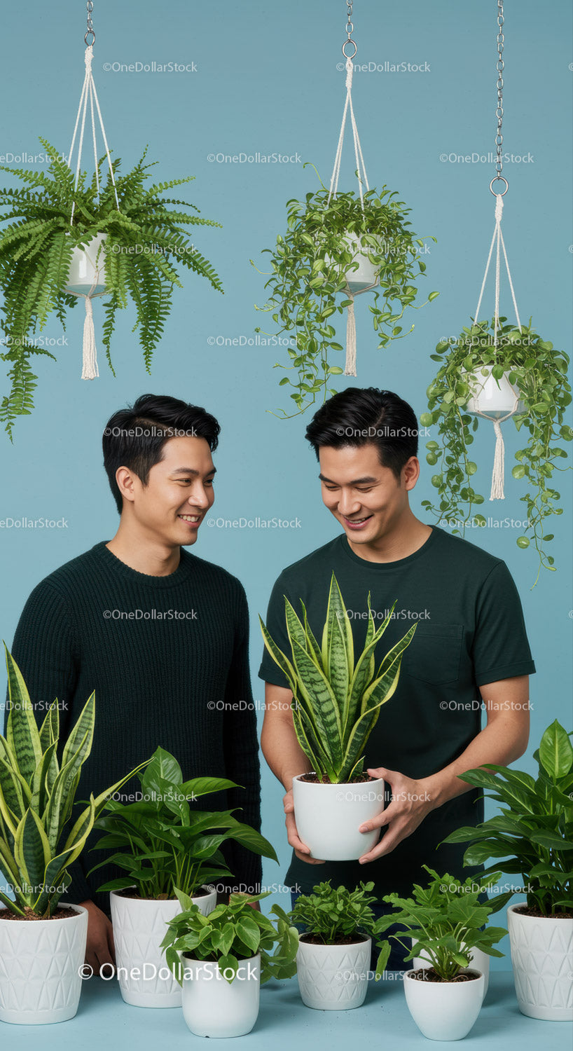 Two men enjoying indoor plants in a bright room