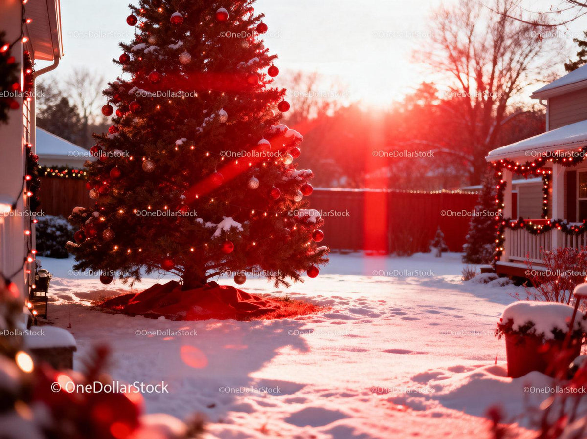 Winter Sunset Illuminates Festive Outdoor Christmas Tree