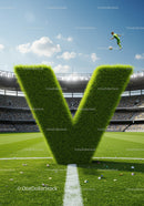 Soccer player jumping high over giant grass letter V