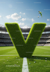 Soccer player jumping high over giant grass letter V