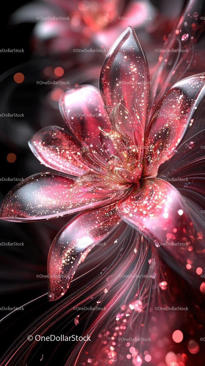 Glowing Silver and Pink Floral Artwork with Sparkling Petals