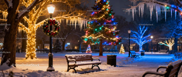 Snowy Park Bench Amid Festive Holiday Lights at Night