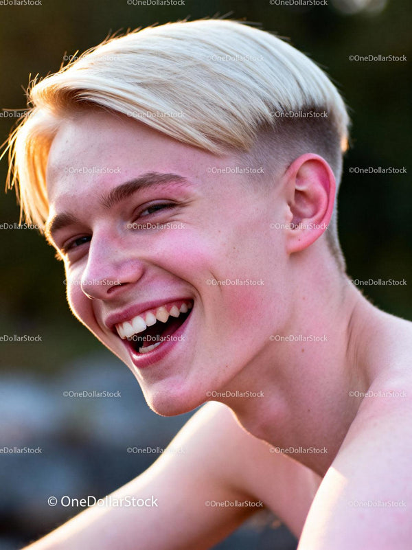 Close up of smiling young man with blond hair outdoors