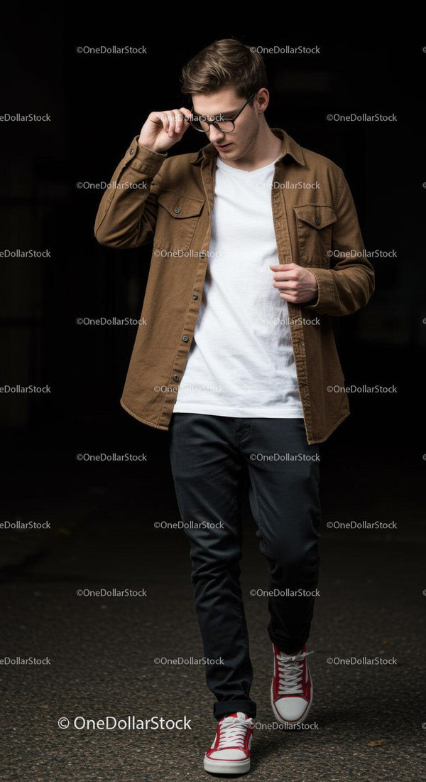 Young man adjusting glasses while walking confidently