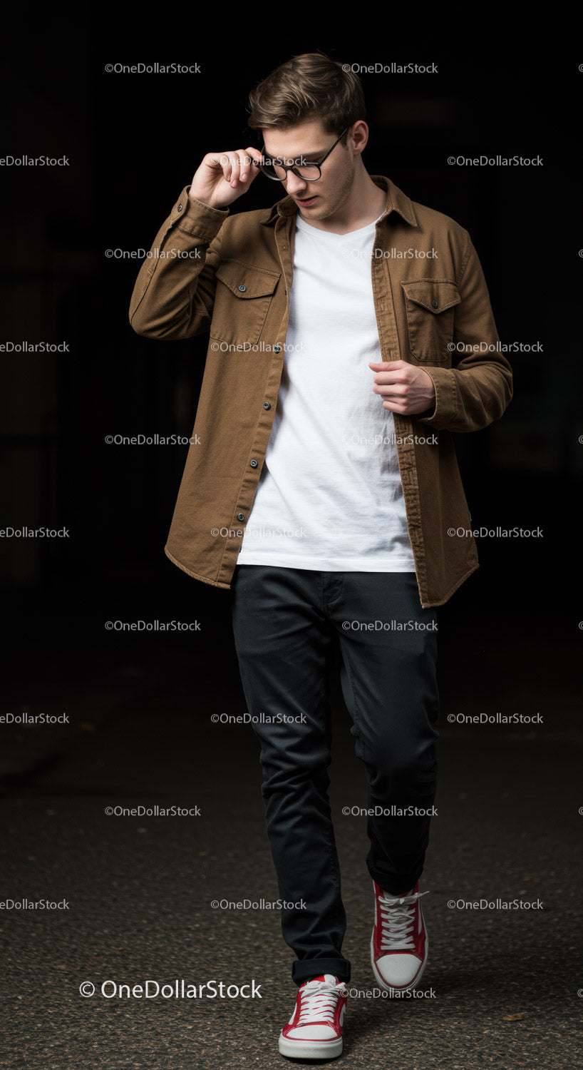 Young man adjusting glasses while walking confidently