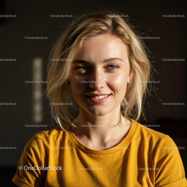 Portrait of a Smiling Blonde Woman in Yellow T-Shirt