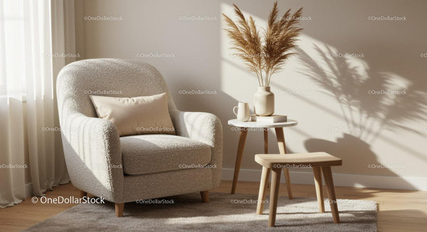 Cozy armchair corner with dried pampas and soft sunlight