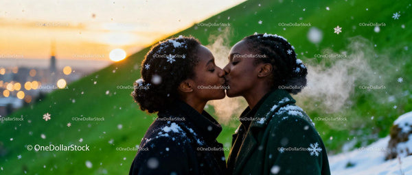 Couple Sharing a Tender Kiss in Snowy Winter Evening