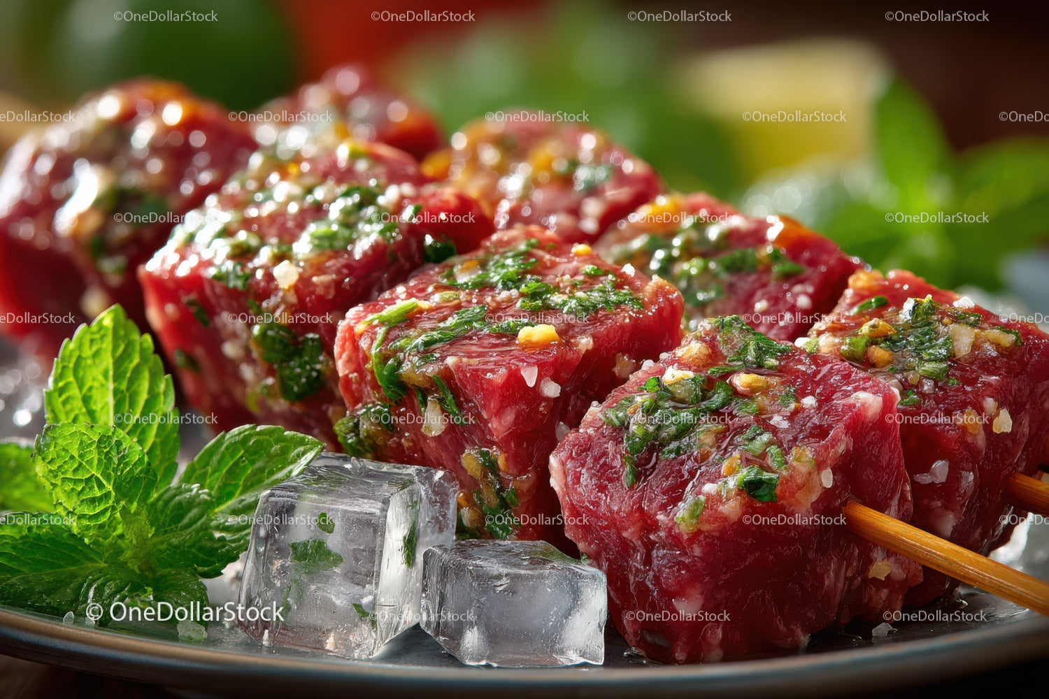 Fresh Marinated Beef Skewers with Mint on Ice Cube Bed