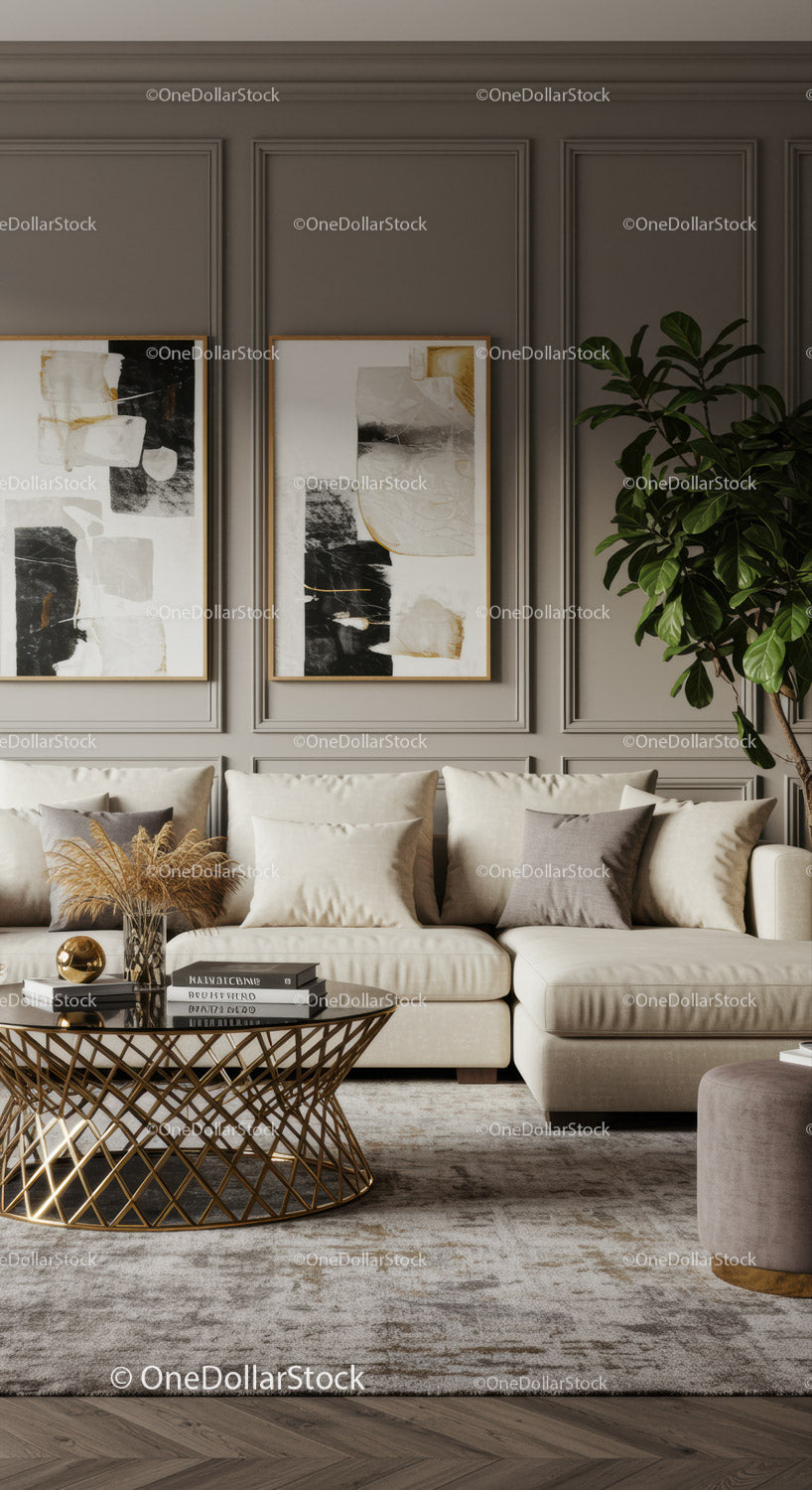 Modern Living Room with Elegant Neutral Tones and Green Plant