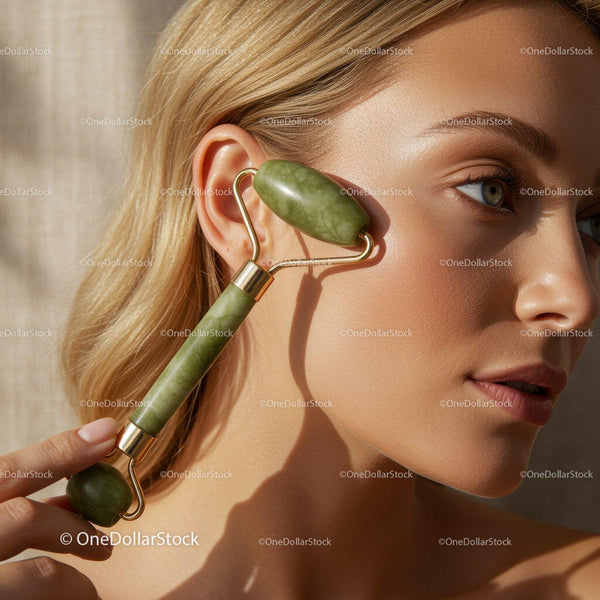 Close-Up of Woman Using Jade Facial Roller for Skin Rejuvenation